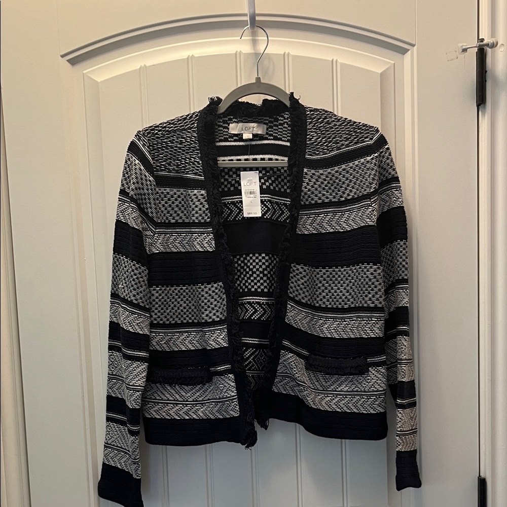 LOFT Navy and Gray Striped Cardigan